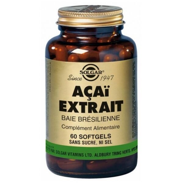 Solgar Acai Extract 60 Softgels (brazilian berry) is a food supplement.