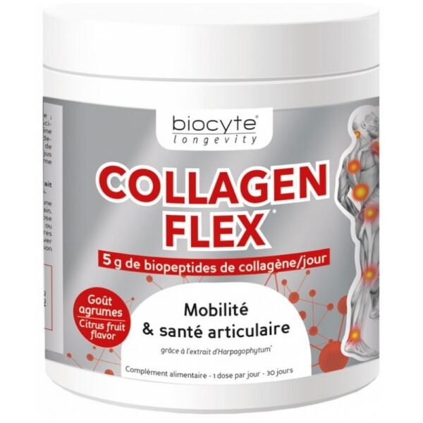 Collagen Flex 240g Longevity представляет собой пищевую добавку в форме порошка для разбавления коллагена, экстракта гарпагофитума и витамина С с помощью подсластителей.