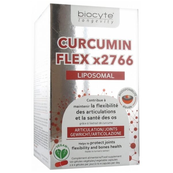 Biocyte Longevity Curcumin Flex x2766 Liposomal 120 Capsules is a food supplement based on Turmeric extract which helps to protect the joints.