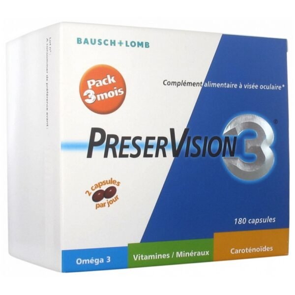 Bausch + Lomb PreserVision 3 180 Capsules is a food supplement with ocular aim. It is rich in antioxydant rock salt and vitamins, macular pigments (lutein and zéaxanthine) and fatty acids Omega 3.