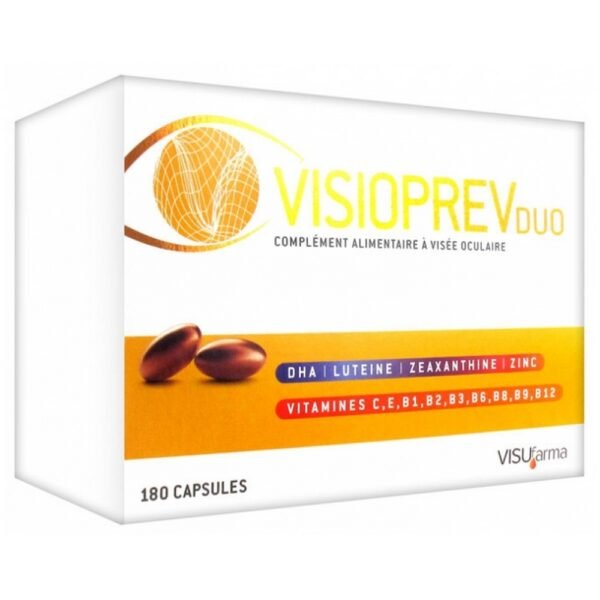 VISUfarma Visioprev Duo 180 Gel-Caps - это пищевая добавка для зрения, обеспечивающая свободный лютеин и зеаксантин, компоненты сетчатки и хрусталика, незаменимые длинноцепочечные полиненасыщенные жирные кислоты, составные части фоторецепторных мембран и антиоксидантные микроэлементы, витамины Е , C, B и цинк.