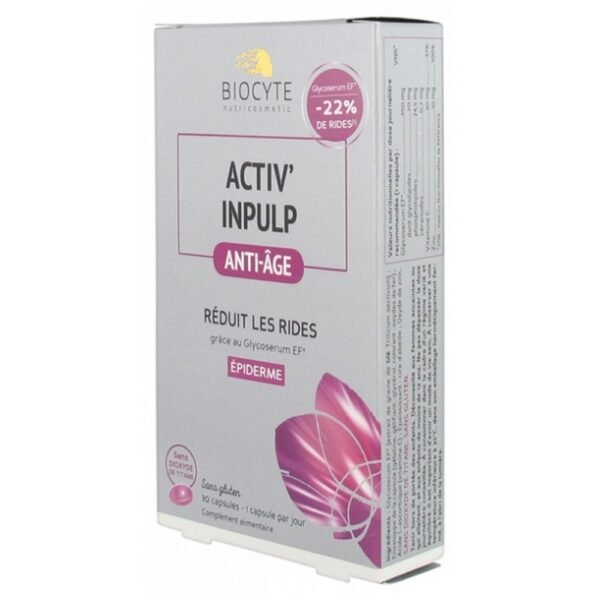 Biocyte Activ' Inpulp 30 Capsules is a food supplement based of Glycoserum EF, Vitamin C and Zinc. It is suitable for the women who want to improve the beauty of their skin and to reduce their wrinkles.