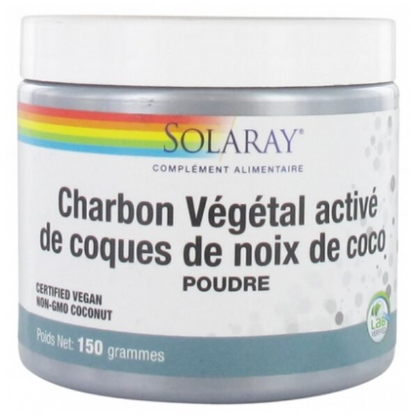 Solaray Activated Vegetable Charcoal from Coconut Sheels 150g is a food supplement based on vegetable charcoal from coconut shell, totally soluble.