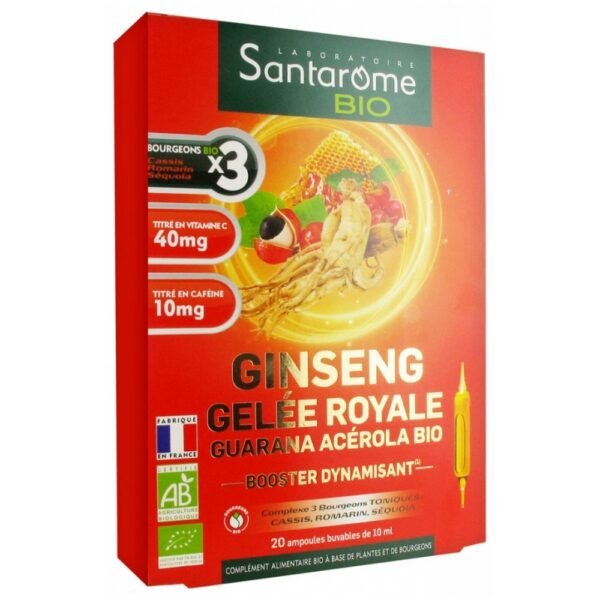 Santarome Bio Organic Ginseng Royal Jelly Guarana Acerola 20 Phials is a food supplement in form of drinkable phial based of Ginseng, Royal Jelly, Guarana and Acerola.