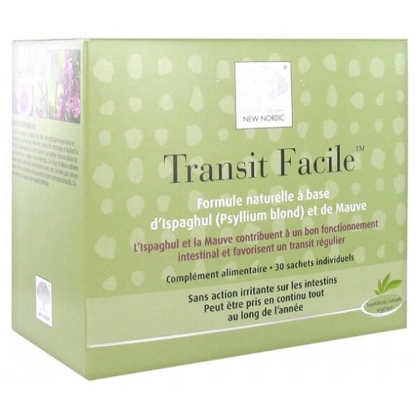 New Nordic Easy Transit 30 Sachets is a food supplement with natural formula based on Ispaghul, also called Blond Psyllium, and Mallow that stimulate the intestinal motor function and regulate the transit.