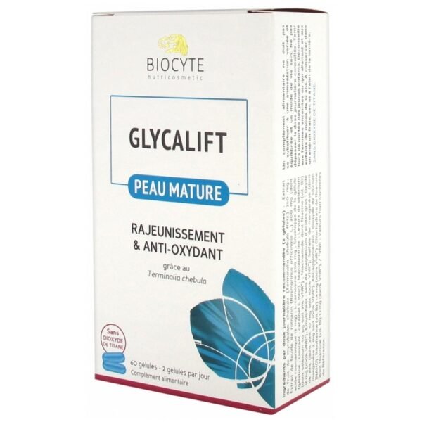 Biocyte Glycalift Rejuvenation & Antioxidant 45+ Mature Skin 60 Capsules is a food supplement based of Rosmarinic Acid, Carnosine, and witamins and minerals.