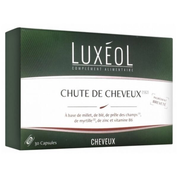 Luxéol Hair Loss 30 Gel-Caps is a food supplement composed of millet, wheat, horsetail, blueberry, zinc and vitamin B6, elaborated for hair loss.