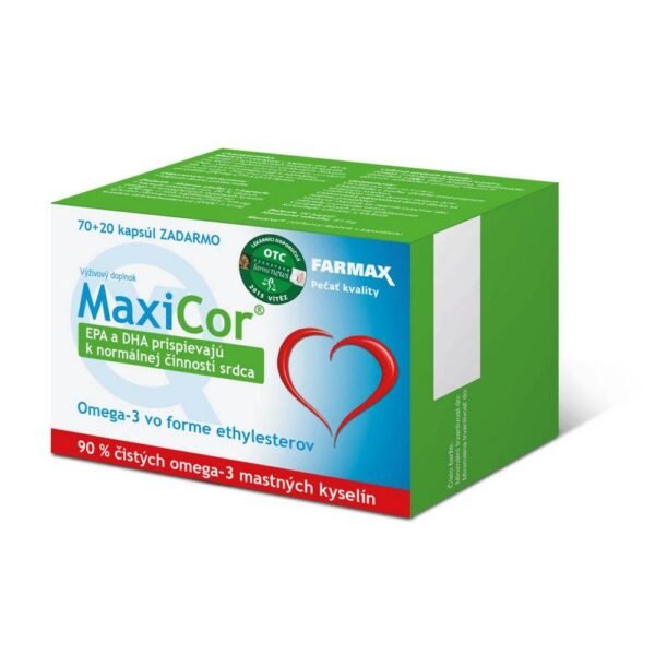 Highly purified marine fish oil obtained by a special technique that prevents the risk of oxidation is used to produce MaxiCor® products. Active ingredients EPA and DHA significantly 90% of pure omega-3 acids contribute to normal heart function. Quality sea fish oil. Ingredients in 1 capsule Each capsule contains 500 mg of extra pure fish oil, of which min. 90% omega-3 unsaturated fatty acids , ie min. 450 mg. Fish oil 500 mg - total omega-3 450 mg - of which: EPA (eicosapentaenoic acid) 215 mg - of which: DHA (docosahexaenoic acid) 155 mg coating - gelatin, thickener: glycerol, antioxidant: natural vitamin E (mixture of tocopherols). Recommended dosage 1 capsule a day , just drink a glass of your favorite drink. Not intended for children under 3 years. Do not exceed the recommended daily dosage. The food supplement is not intended to be used as a substitute for a varied diet. In case of blood clotting disorders, consult your doctor. Important Notice Store in a dry place, protect from direct sunlight. Keep out of reach of children.