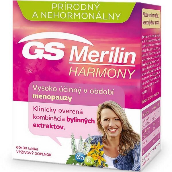 GS Merilin Harmony in tablet form is an effective non-hormonal preparation for women in the period of menopause, which can manifest itself in, for example, increased sweating, sleep disorders, mood swings, lack of concentration, nervousness and excessive irritability. This dietary supplement contributes to bone strength, improves physical and mental well-being. The product does not cause weight gain.