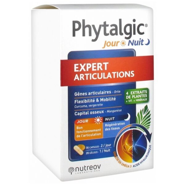 Nutreov Phytalgic Day Night Joints Expert 56 Capsules + 28 Capsules is a food supplement based on actives of vegetable origin and enriched in Omega 3 and Hyaluronic Acid. It is indicated to manage articular discomfort and strengthen joints on the principle of chronobiology with a unique association of specific assets of the joints.