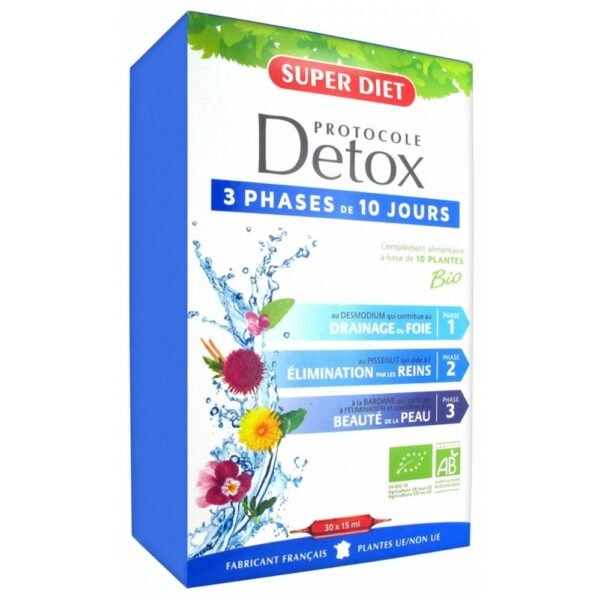 Super Diet Organic Detox Protocol 30 Phials is a targeted and progressive program of 30 days that works through 3 successive phases of 10 days. These 3 complexes of Organic plants are formulated according to the principles of naturopathy based of plants selected by the laboratories Super Diet.