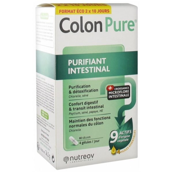 Nutreov Pure Colon Intestinal Purifier 80 Capsules is a food supplement based on 9 actives of natural origin and in 4 essential oils, developed for purification and detoxification, digestive comfort and intestinal transit, the maintain of normal functions of colon.