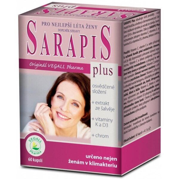 Sarapis plus is a dietary supplement. Contains bee products - royal jelly, flower and fermented pollen, sage extract, coenzyme Q10, Beta-carotene, vitamin C, vitamin E, vitamin K, vitamin D3, chromium, iron and selenium.