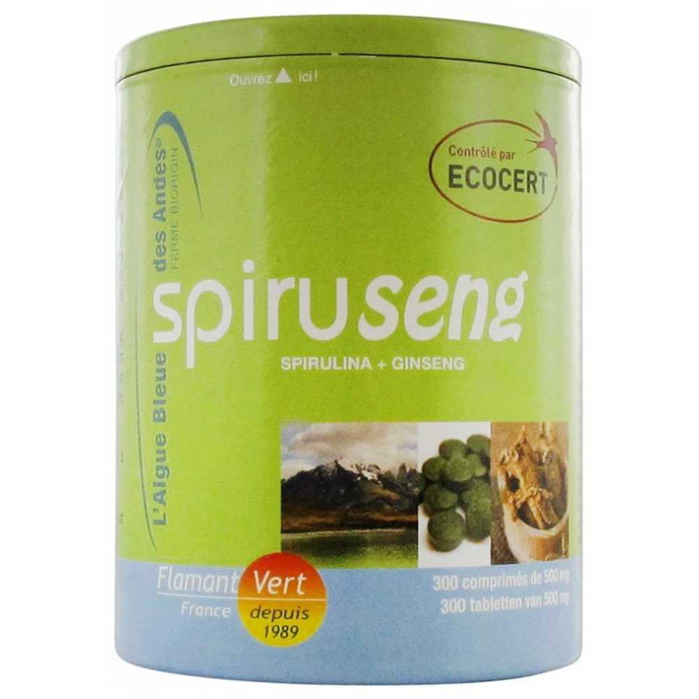 spiruseng-300 Flamant Vert Spiruseng 300 Tablets of 500mg is a natural dietary supplement based on spirulina, blue algae of the Andes and ginseng.