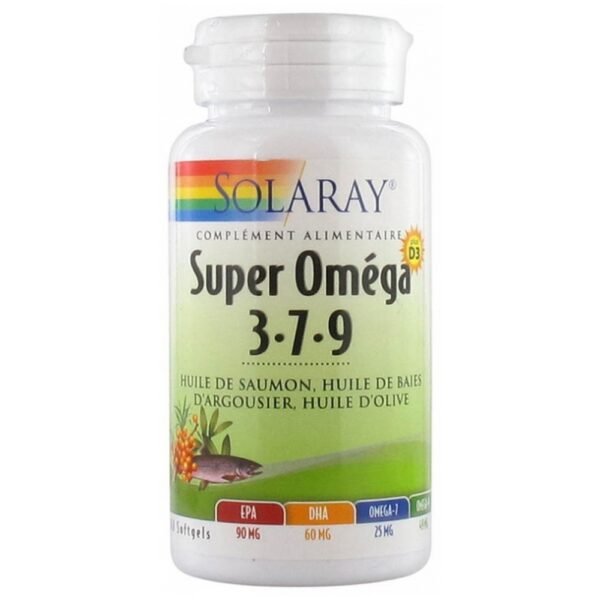 Solaray Super Omega 3-7-9 60 Softgels - это пищевая добавка в форме капсул на основе масла лосося, масла облепихи и оливкового масла.