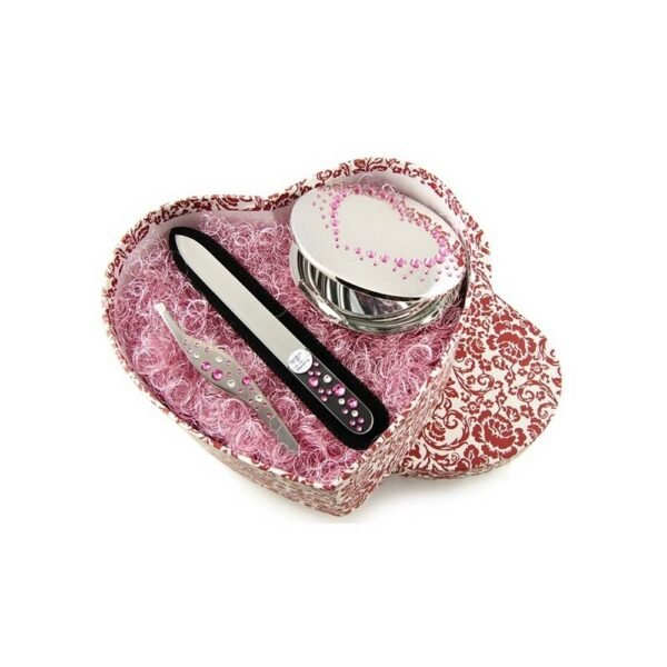 Beauty Gift set containing cosmetic accessories: glass nail file, compact mirror and tweezers. Decorated with Swarovski Elements.