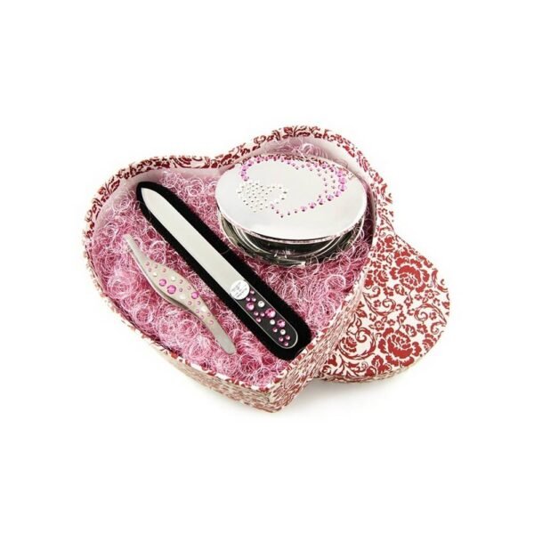 Beauty Gift set containing cosmetic accessories: crystal nail file, compact mirror and tweezers. Decorated with Swarovski Elements.