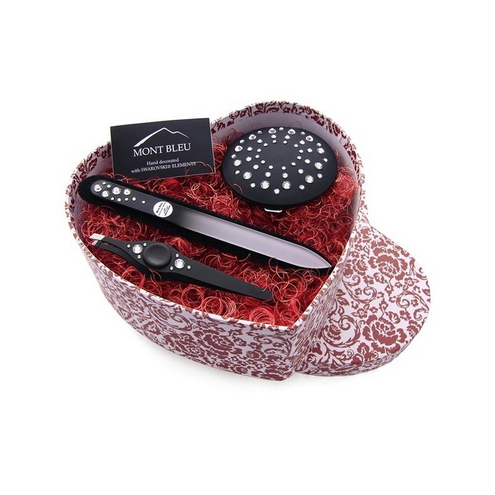 Beauty Gift set containing cosmetic accessories: crystal nail file, compact mirror and tweezers. Decorated with Swarovski Elements.