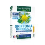 These Griffonia Rhodiola vials from the Santarome laboratory represent a food supplement in drinkable form . It contains a mixture of plants and buds from organic farming .