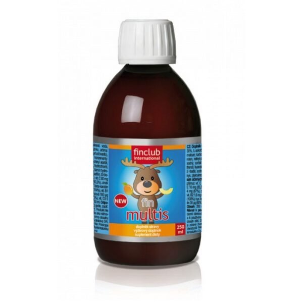 Dietary supplement fin Multis is a multivitamin syrup with a melon and mango flavor.