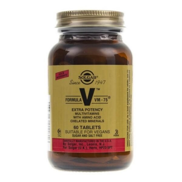 Formula V VM-75 by Solgar is a dietary supplement containing chelated vitamins and minerals.
