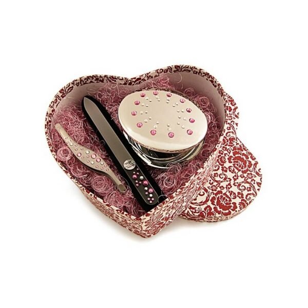Gift set for women with cosmetic accessories such as crystal nail file, tweezers and compact mirror. Decorated with Swarovski Elements.