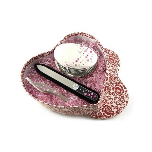 Gift set for women with cosmetic accessories such as crystal nail file, tweezers and compact mirror. Decorated with Swarovski Elements.