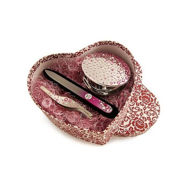 Gift set for women with cosmetic accessories such as glass nail file, tweezers and compact mirror. Decorated with Swarovski Elements.