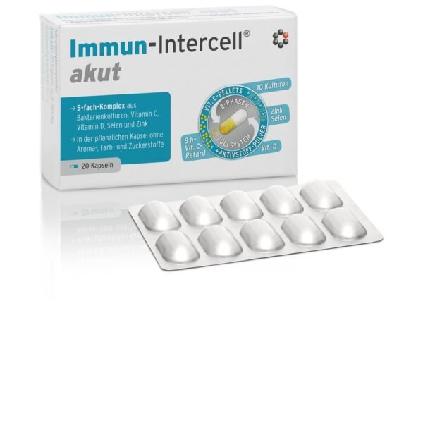 Immun-Intercell® akut is a highly concentrated preparation in the form of vegetable capsules for the proper functioning of the immune system. The composition of the preparation consists of: a concentrate of 10 physiological strains of bacteria in the amount of 5 billion colony forming units (CFU)