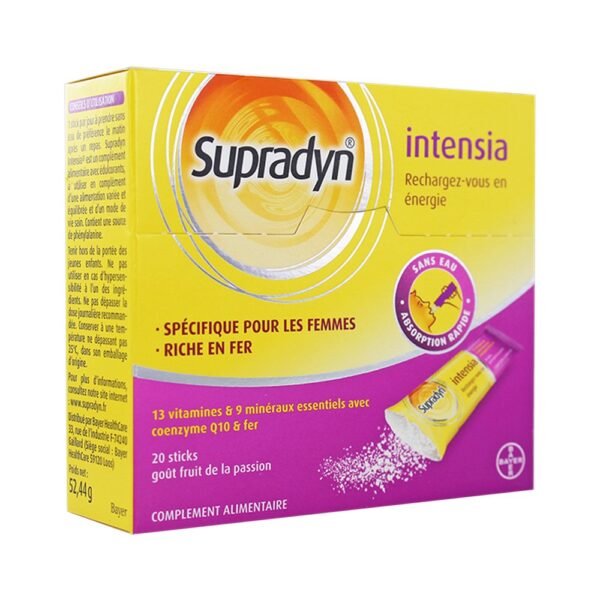 Supradyn Intensia Box of 20 Powder Sticks is a food supplement rich in vitamins