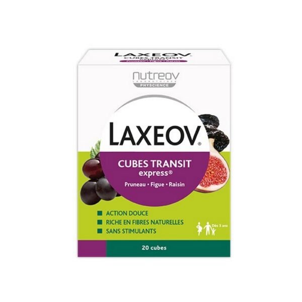 Laxeov Transit Prune Fig Grape is a food supplement in the form of a cube rich in wheat bran fiber