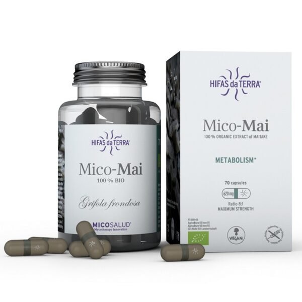 Mico-Mai is a dietary supplement with high concentration (8: 1 ratio) in capsules developed from pure Maitake extract (Grifola frondosa) from certified organic production . Mico-Mai contains zinc which contributes to the normal metabolism of macronutrients . This dietary supplement of mycotherapy contributes to the normal maintenance of blood sugar and immunity.