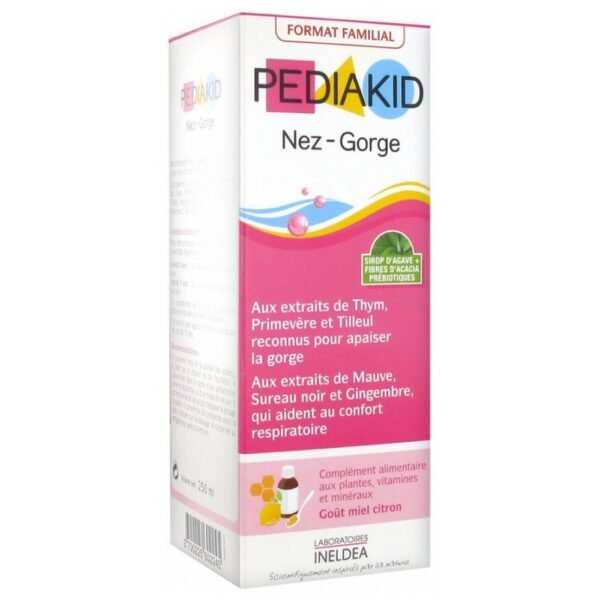 Pediakid nose throat Honey lemon syrup 250ml is a food supplement in the form of syrup with plant extracts