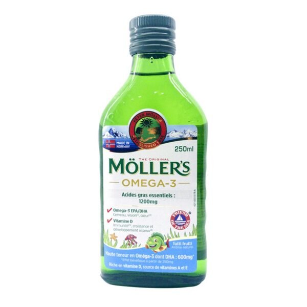 A food supplement in the form of an oral solution based on cod liver oil and vitamins.
