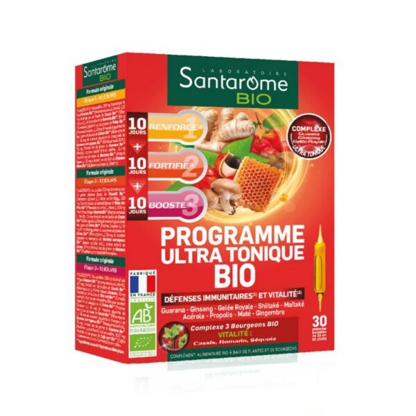 The food supplement Santarom Bio is intended to boost the immune defenses and vitality . It contains thirty ampoules to be distributed over 30 days for a complete cure . Each formula contains a cocltail of blackcurrant