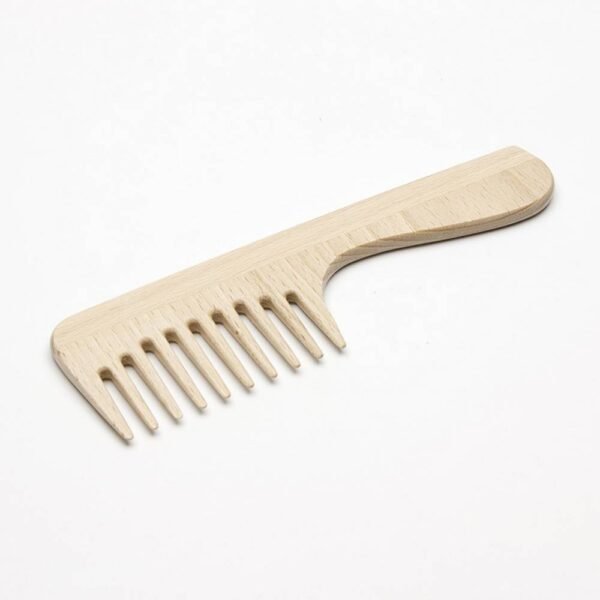 The waxed beech comb has wide spacing between the teeth