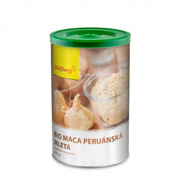 BIO Maca powder newly in a paper jar is made from a medicinal herb, which is one of the superfoods. It promotes vitality, fertility and sexuality.