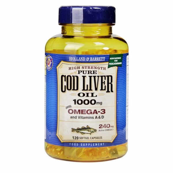 HOLLAND & BARRETT Cod liver oil 1000 mg is a dietary supplement that allows you to supplement your daily diet with Omega 3 fatty acids and vitamins A and D.