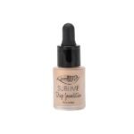 Makeup with a practical dropper combines light skin tone with a yellow tint and covers minor imperfections.