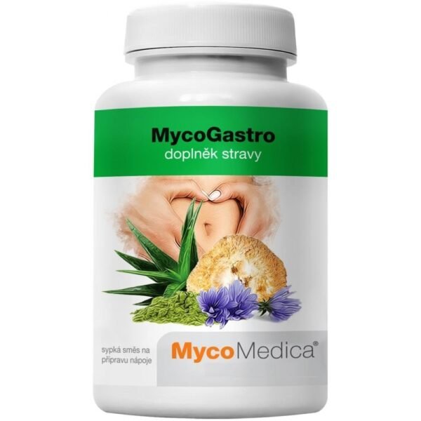 MycoGastro powder for the preparation of a drink contains a combination of fungi hericia and aloe vera, chlorella or licorice.