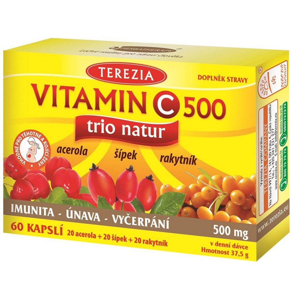 vitamin c 500 mg trio natur 60 The basis of the product are the fruits of acerola, rosehip and sea buckthorn, which are rich in natural vitamin C. Vitamin C supports the function of the immune system, helps reduce fatigue and exhaustion. Suitable for coeliacs, pregnant and lactating women.