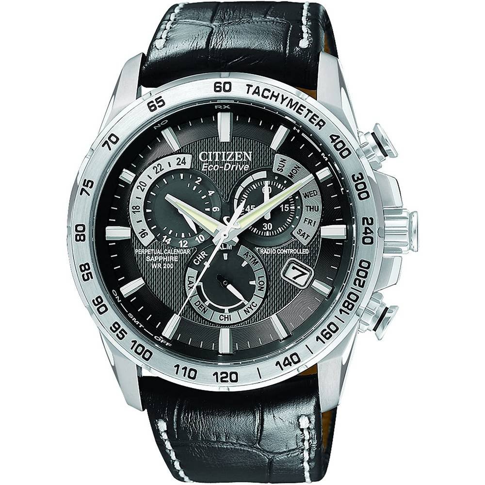 citizen eco drive at4000 02e CITIZEN ECO-DRIVE AT4000-02E CHRONOGRAPH FOR MEN WITH A BLACK DIGITAL TOP AND LEATHER REMEN. Massive men's model Citizen Chrono Perpetual a-t with stainless steel body and silver inserts.
