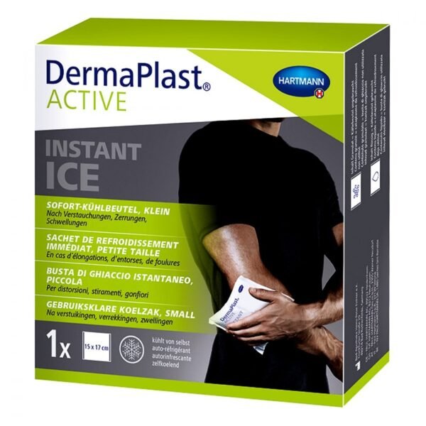 Dermaplast Active Instant Ice small 15x17 cm (pack size: 1 pc) cools by itself. It is ideal in first aid situations, in therapy and for sports injuries.