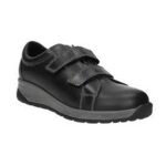 Year-round diabetic shoes with velcro fastening with a decorative buckle, allows comfortable non-choke fastening of the shoe even at a higher instep, lightweight sole with improved anti-slip properties, smooth leather in black and beige.