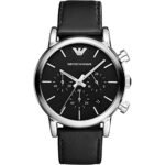 Emporio Armani AR1733 Men's chronograph black leather strap black watch NEU q OVP. Body material: stainless steel.
