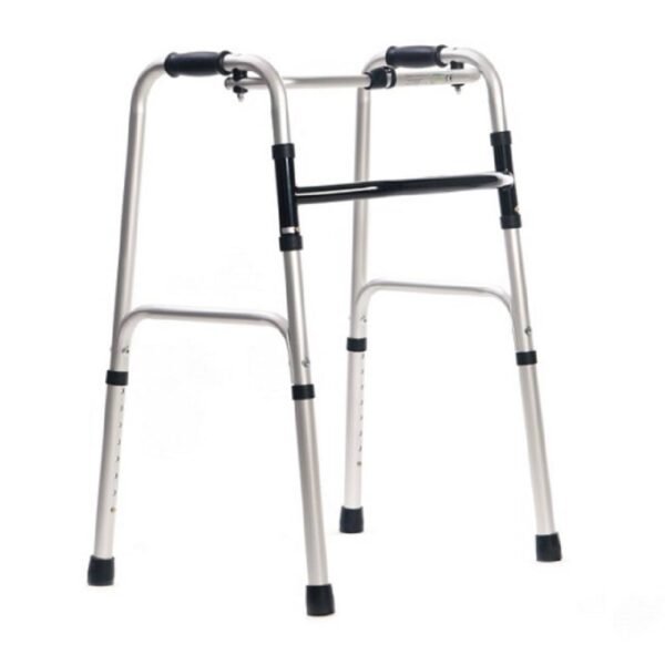 Stable four-point folding walker for seniors and the disabled.