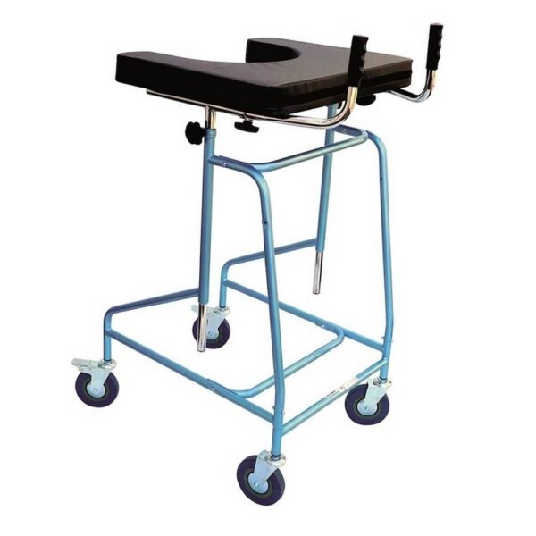 Four-wheel forearm walker for seniors and the disabled with a support plate and larger wheels.