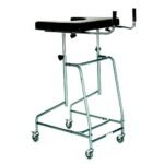 Four-wheel forearm walker for seniors and the disabled with a support plate.