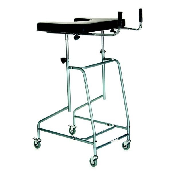 Four-wheel forearm walker for seniors and the disabled with a support plate.