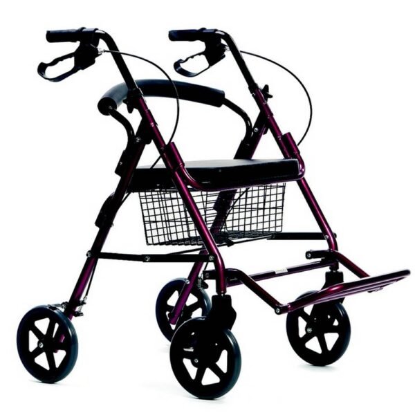 Four-wheel walker with folding footrest.